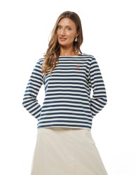 White and Dark Blue Striped Women’s Blouse with Embroidered Logo