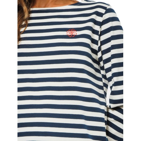 White and Dark Blue Striped Women’s Blouse with Embroidered Logo