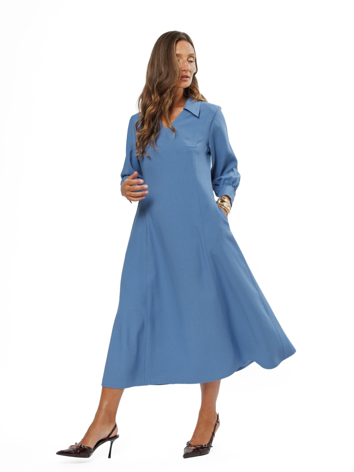 Light Blue A-Line Midi Dress with V-Neckline
