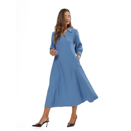 Light Blue A-Line Midi Dress with V-Neckline