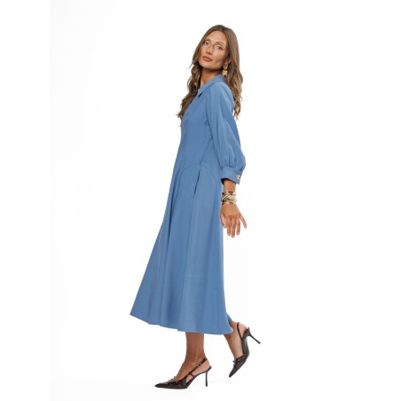 Light Blue A-Line Midi Dress with V-Neckline