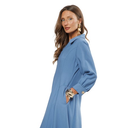 Light Blue A-Line Midi Dress with V-Neckline