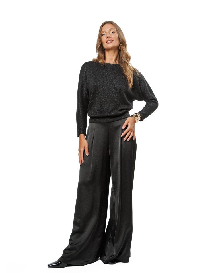 Black Satin Women’s Wide-Leg Trousers
