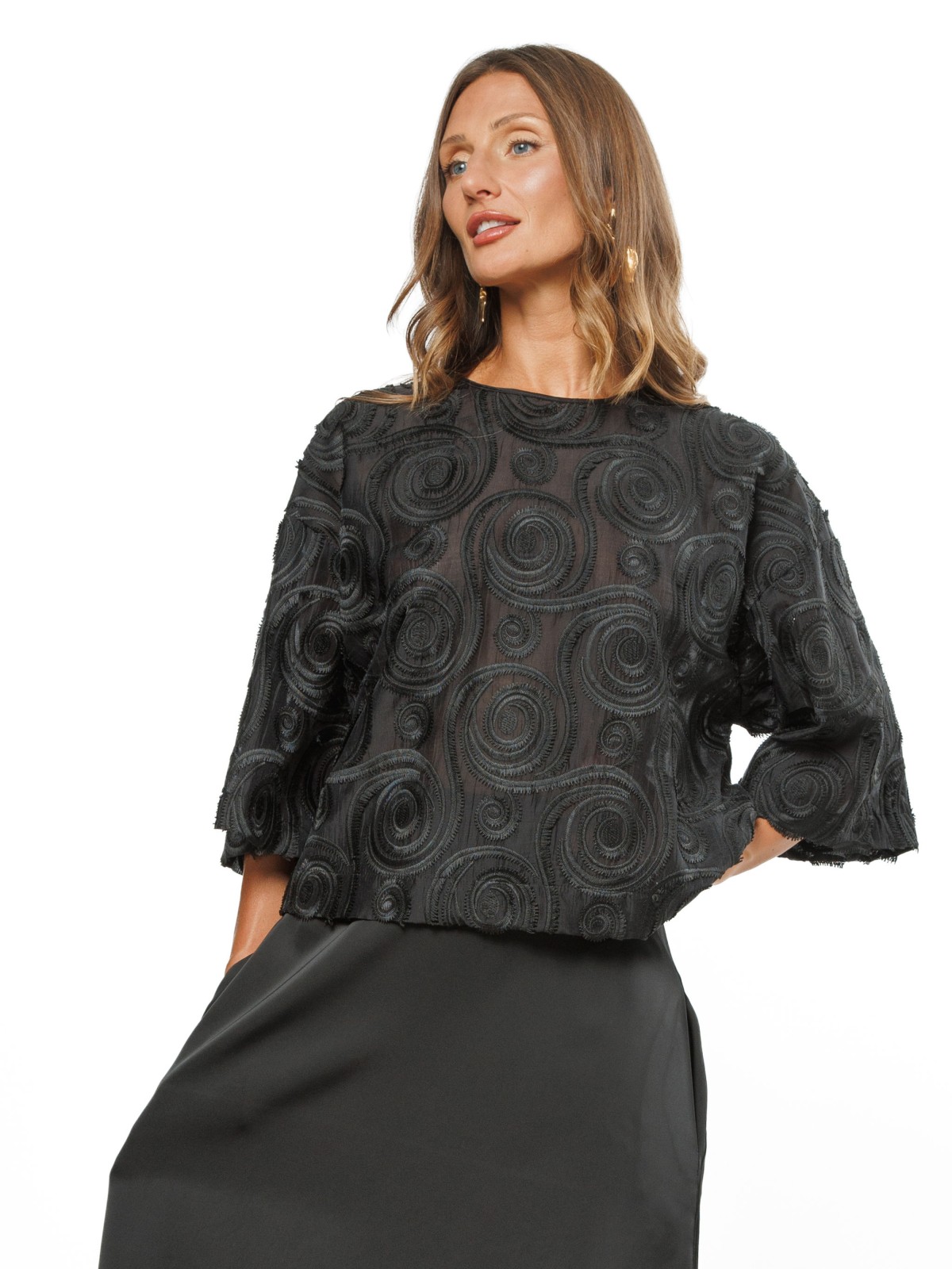 Black Women’s Occasion Blouse with Embroidered Circle Pattern