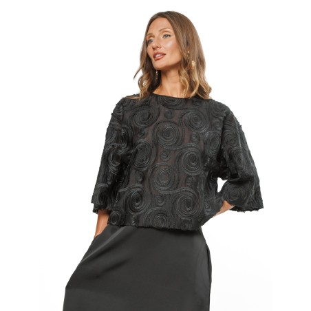 Black Women’s Occasion Blouse with Embroidered Circle Pattern