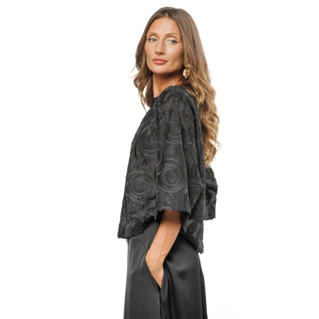Black Women’s Occasion Blouse with Embroidered Circle Pattern