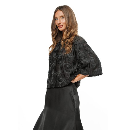 Black Women’s Occasion Blouse with Embroidered Circle Pattern