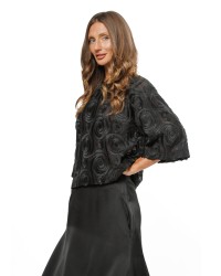 Black Women’s Occasion Blouse with Embroidered Circle Pattern