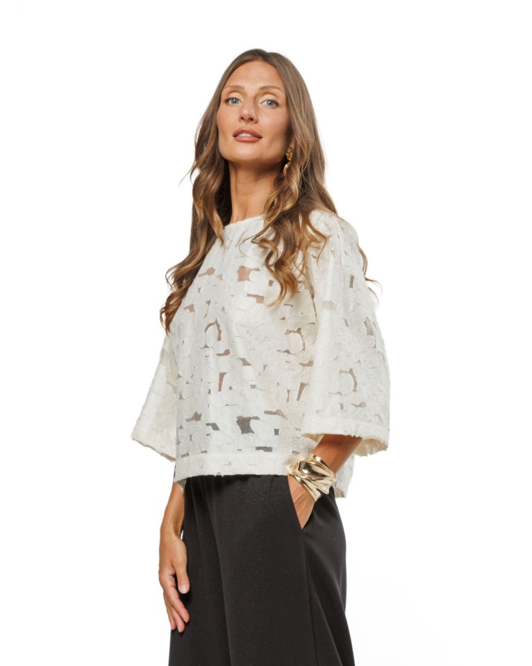 Vanilla Women’s Occasion Blouse with Textured Botanical Motifs