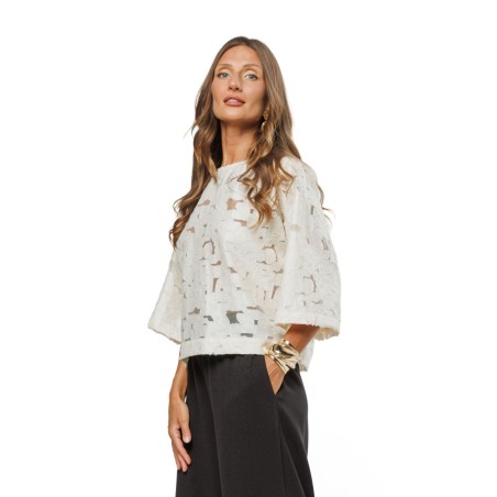 Vanilla Women’s Occasion Blouse with Textured Botanical Motifs