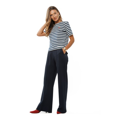 White and Dark Blue Striped Women’s T-Shirt with Embroidered Logo
