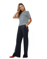 White and Dark Blue Striped Women’s T-Shirt with Embroidered Logo