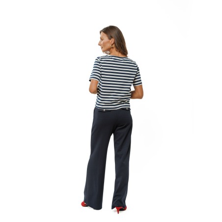 White and Dark Blue Striped Women’s T-Shirt with Embroidered Logo