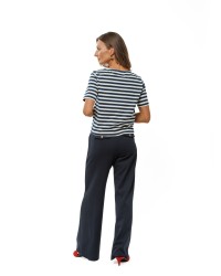 White and Dark Blue Striped Women’s T-Shirt with Embroidered Logo
