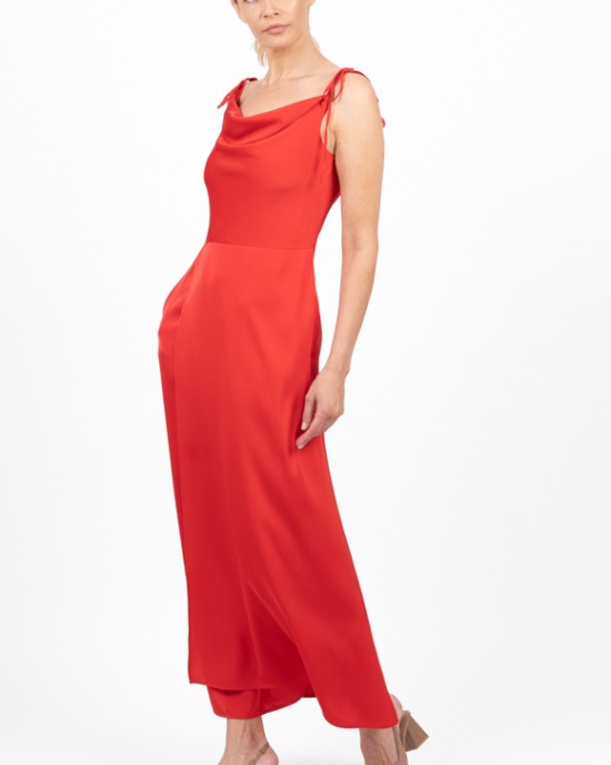 Raudona ilga atlasinė prabangi suknelė su petnešėlėmis
